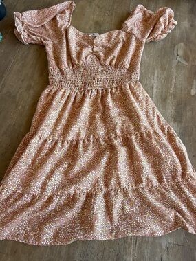 Rose-Pink Floral Smocked Waist Puff Sleeve Midi Dress Size Small